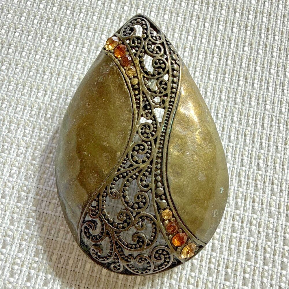 Vintage Dark Metal Hammered Teardrop Filigree Pendant Orange/Yellow Gemstones